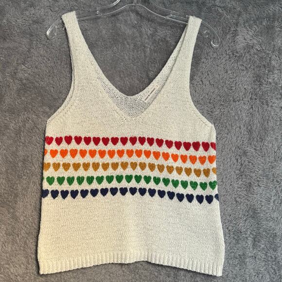 Moon & Madison Knit V-Neck Tank Top Women L Rainbow Hearts Pride Summer White - Picture 1 of 6